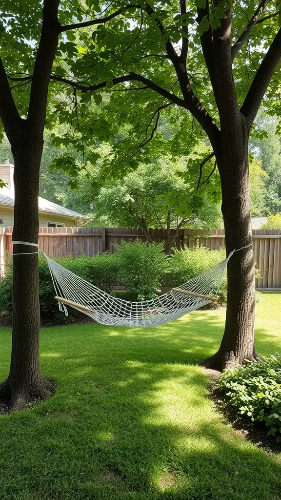 23 Amazing Backyard Ideas for Your Bloxburg Home 12 A hammock suspended between two trees in a green backyard