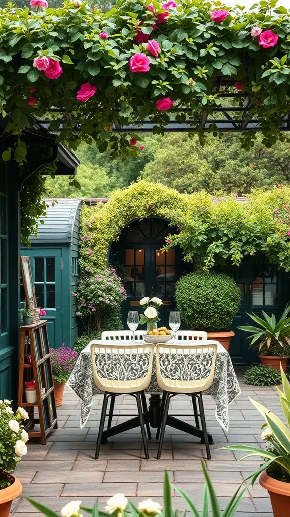 15 Stunning French Garden Ideas to Transform Your Outdoor Space 11 Charming outdoor dining area with a table set for two, surrounded by greenery and flowers.