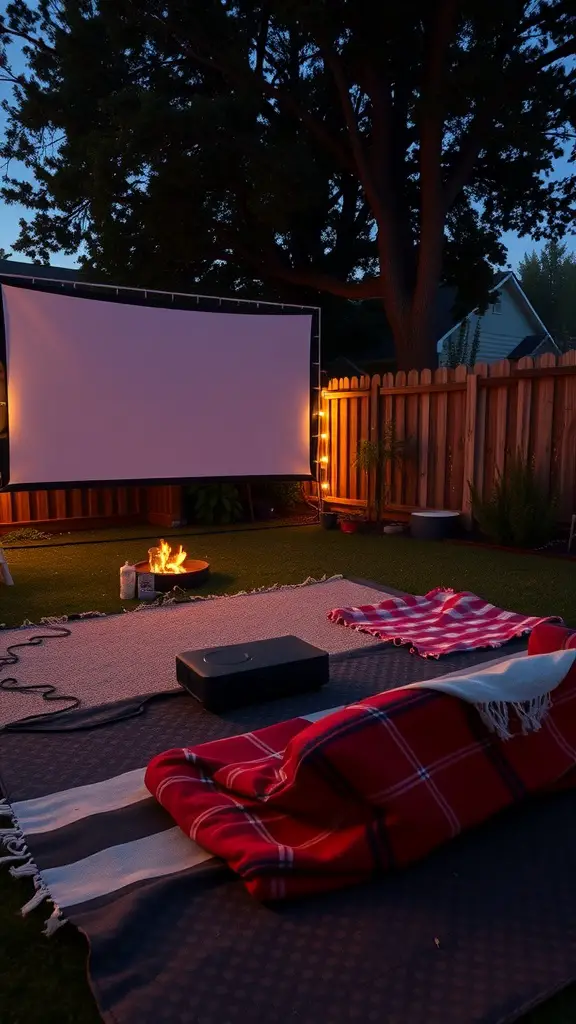 17 Inspiring Backyard Decorating Ideas to Transform Your Outdoor Space 16 Cozy outdoor movie setup with a projector, screen, blankets, and a fire pit.