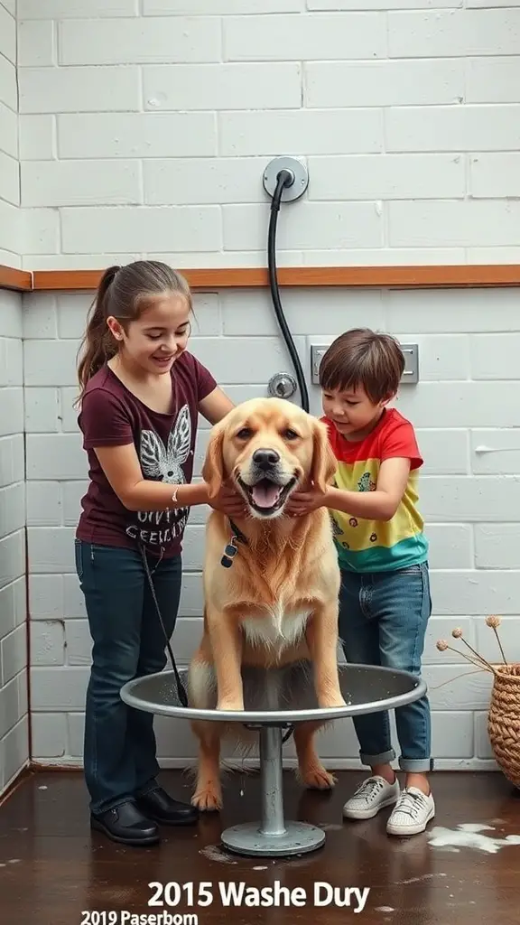 21+ Essential Items for a Perfect Dog Washing Station 15 Two children washing a golden retriever at a dog washing station.