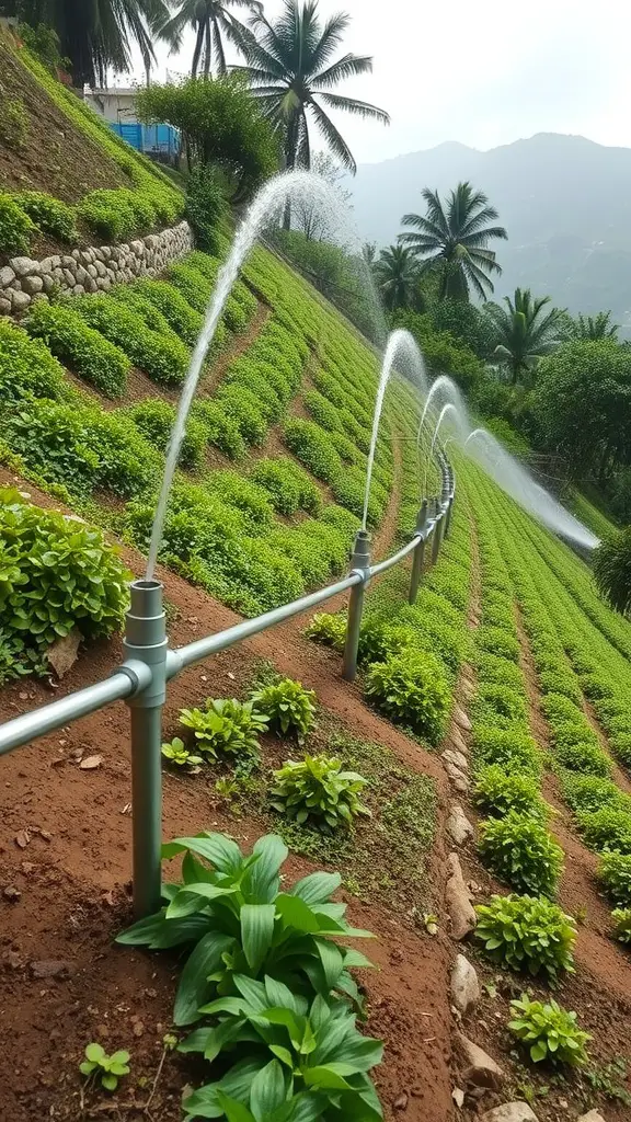 19 Creative Steep Hill Landscaping Ideas to Transform Your Yard 12 Irrigation system on a steep slope with plants and water spraying
