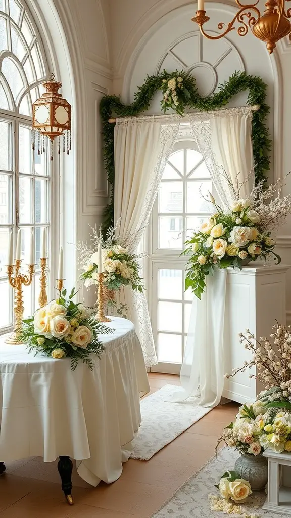 A beautifully decorated winter wedding scene featuring ivory and gold colors, floral arrangements, and elegant decor.