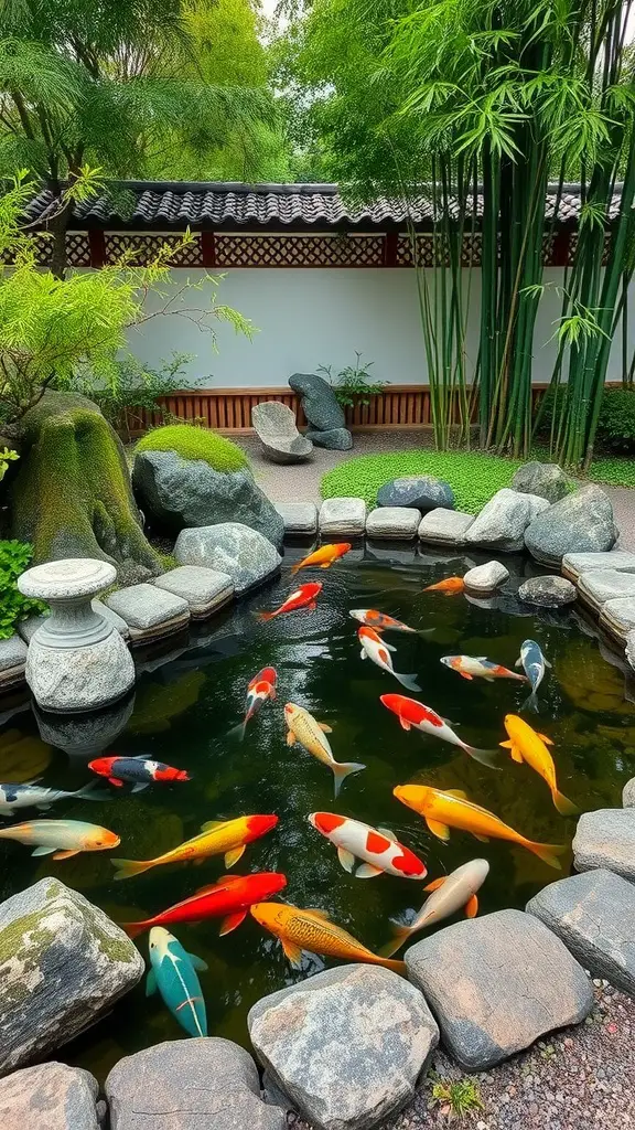 A serene Japanese koi pond with colorful koi fish swimming among rocks and greenery.