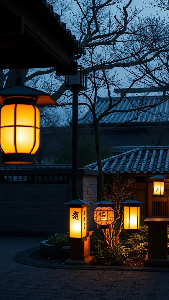 Japanese lanterns glowing in a garden at dusk