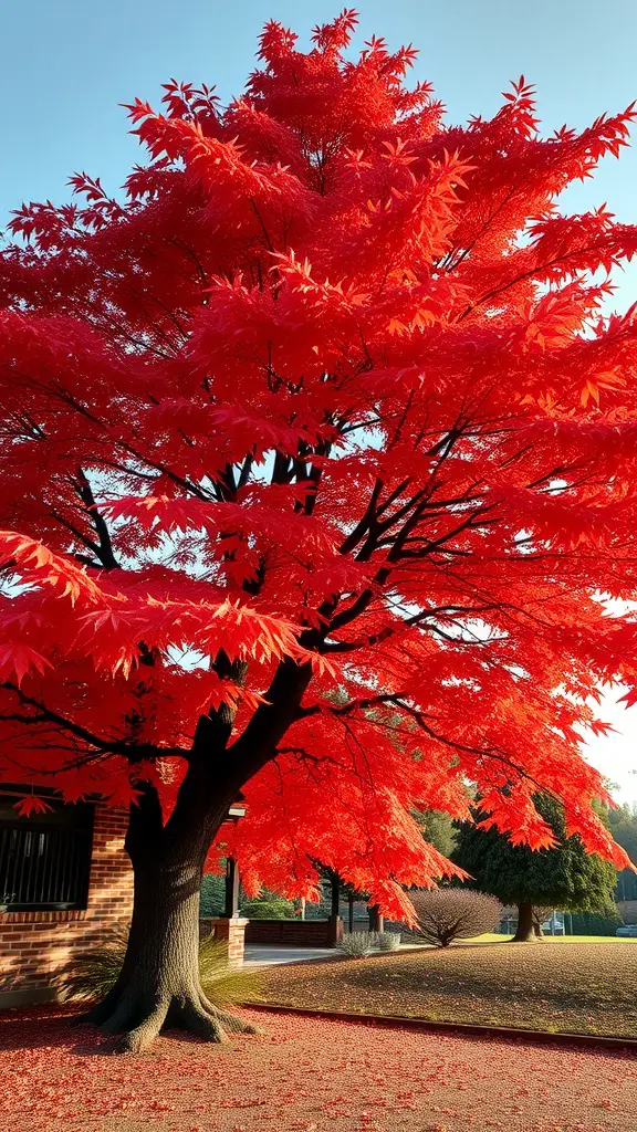 19 Stunning Fall Plants to Brighten Your Garden 5 A Japanese Maple tree with bright red foliage against a blue sky.