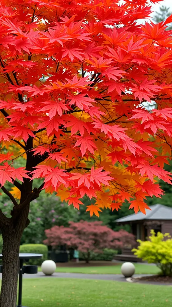 21 Inspiring Japanese Garden Ideas You’ll Love 8 A Japanese maple tree with vibrant red and orange leaves in a garden setting.