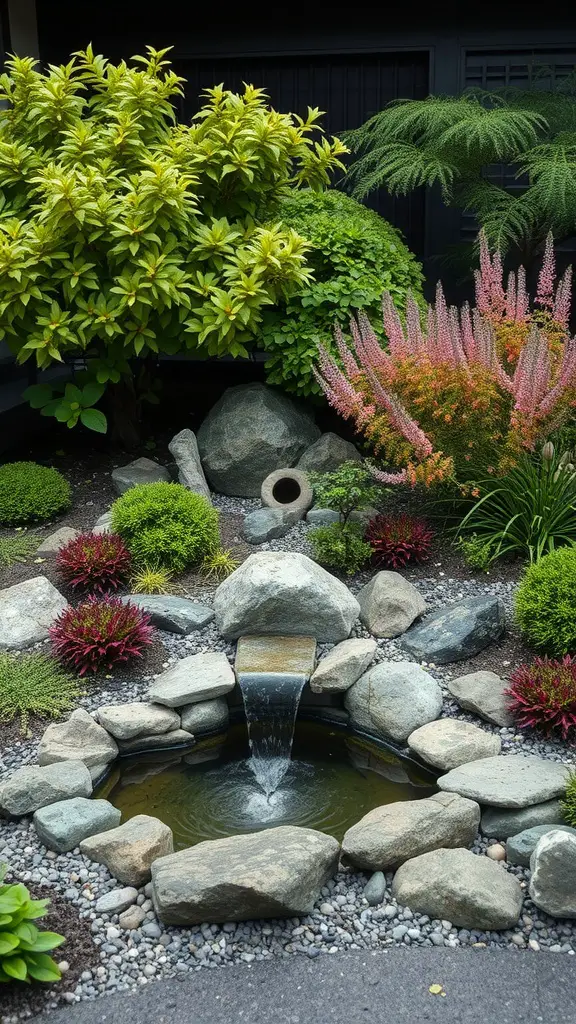 15 Inspiring Perennial Garden Design Ideas to Transform Your Space 8 A serene Japanese Zen garden featuring a small waterfall, pond, and lush greenery.