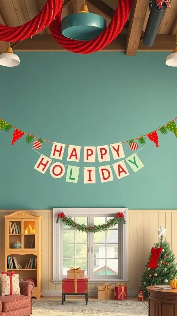 21+ Creative Christmas Decoration Ideas for a Festive Home 14 A colorful 'HAPPY HOLIDAY' banner hanging in a cozy room decorated for Christmas.