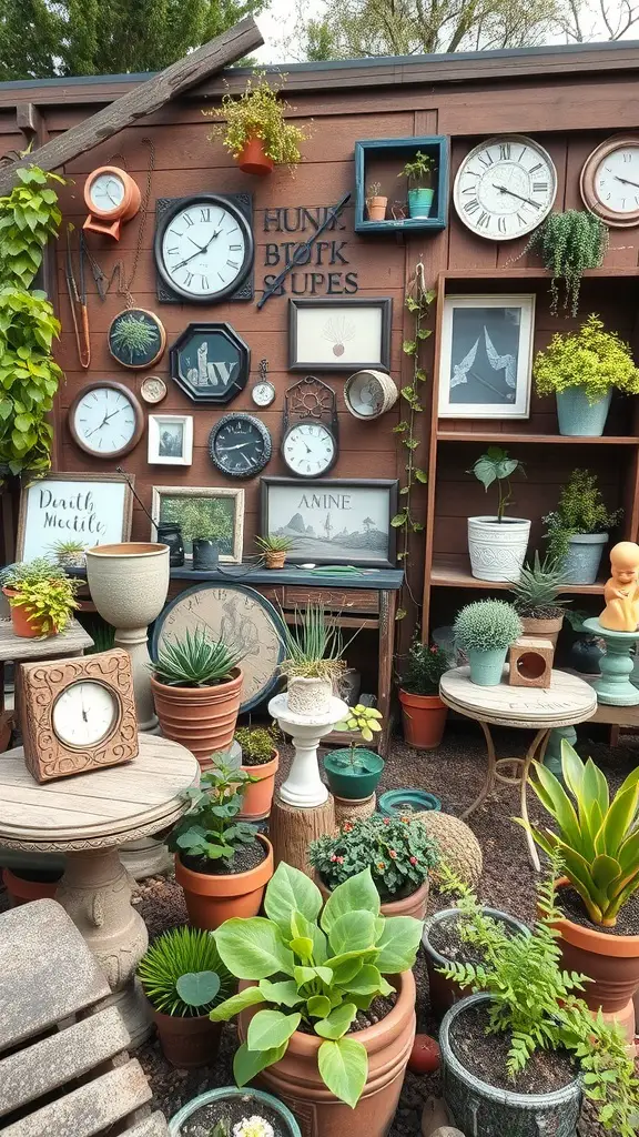 15 Creative Junk Garden Ideas to Transform Your Backyard 15 A vibrant junk garden filled with various plants, pots, and decorative items, including clocks and framed pictures.