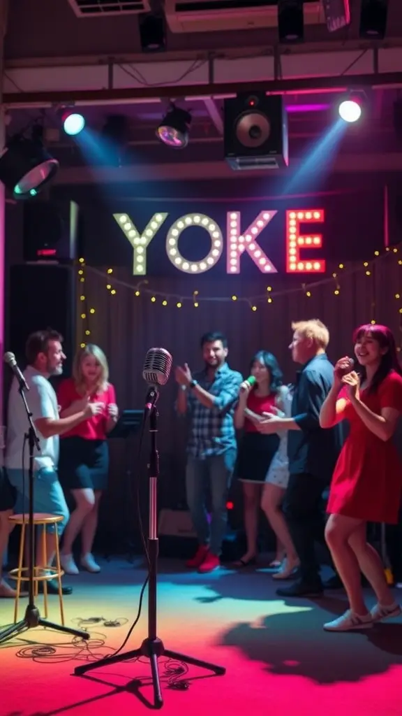 33 Fun and Creative House Party Ideas to Dazzle Your Guests 9 A lively karaoke dance-off scene with friends singing and dancing in a colorful setting.