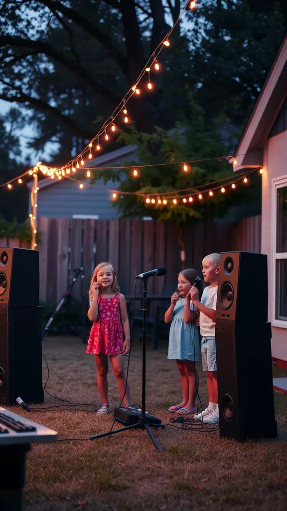 Children singing karaoke in a backyard with string lights