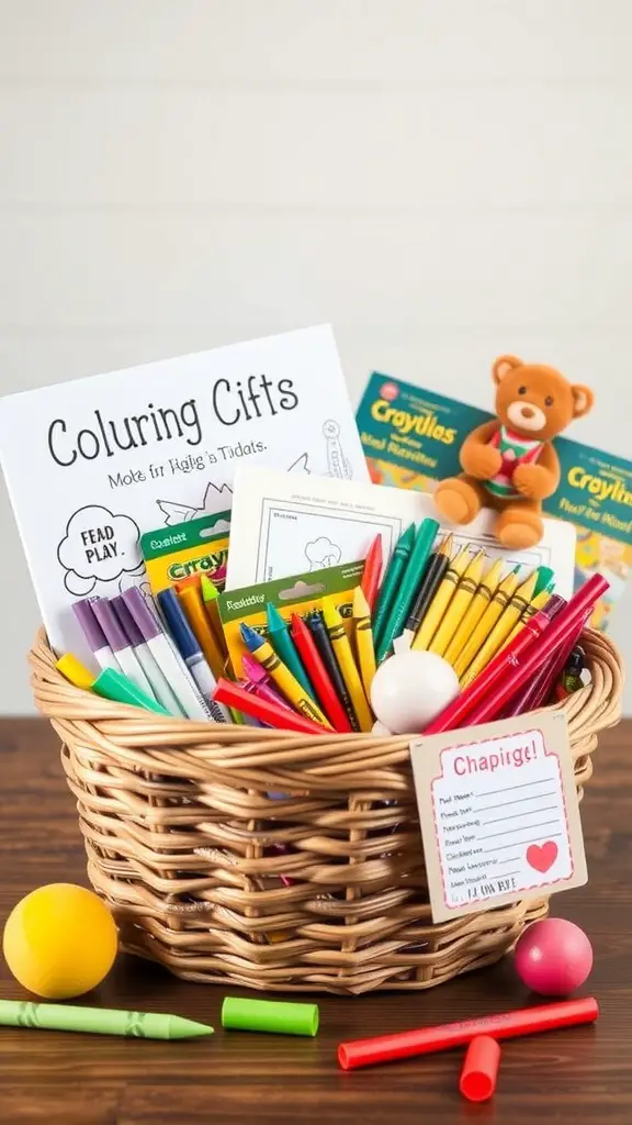 15 Creative Dollar Tree Gift Basket Ideas for Any Occasion 15 A gift basket filled with coloring supplies, a teddy bear, and playful items for kids.