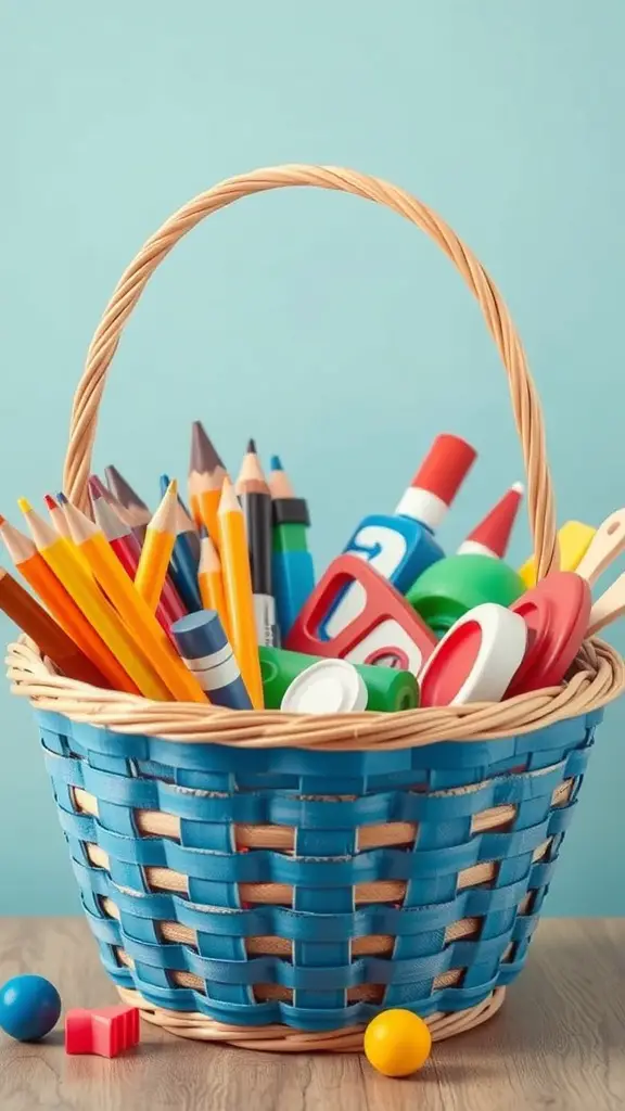 21 Creative Auction Basket Ideas You’ll Love 16 A blue basket filled with colorful art supplies like crayons, markers, glue, and scissors.