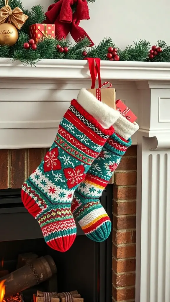 Two colorful knitted Christmas stockings hanging from a mantel, decorated with festive patterns and surrounded by holiday decor.