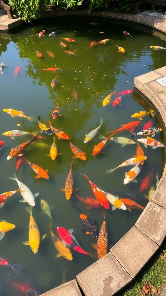 A koi fish pond filled with colorful koi fish, surrounded by benches and greenery.