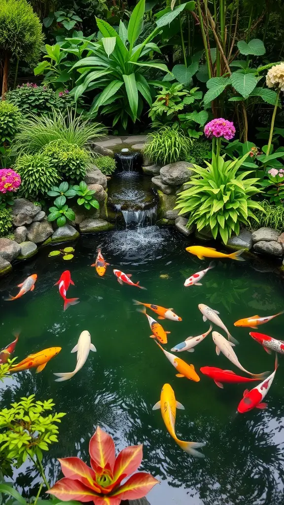 21 Inspiring Japanese Garden Ideas You’ll Love 9 A vibrant koi pond with colorful fish swimming among lush greenery and flowers.