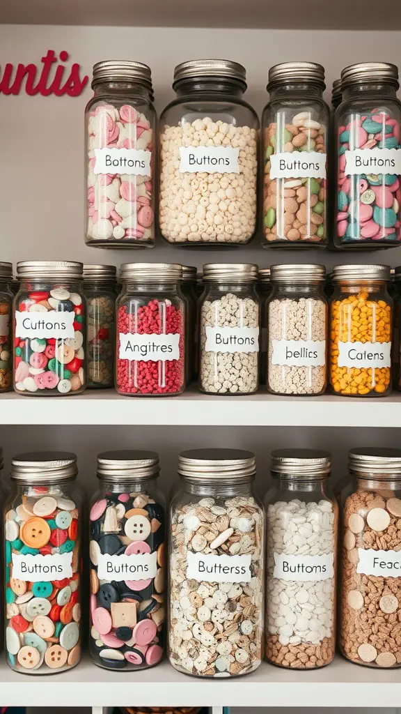 A collection of labeled jars filled with colorful craft items like buttons and beads.