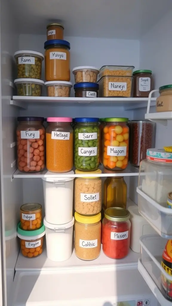 An organized fridge with labeled jars and containers for easy identification.