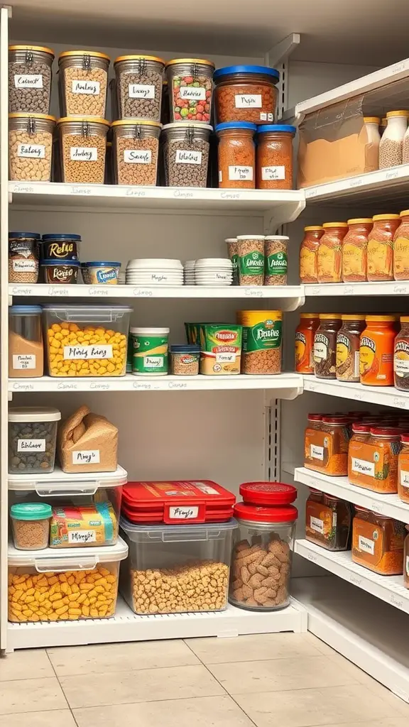 15+ Essential Food Storage Room Ideas for Your Home 17 A well-organized food storage room with labeled jars and containers for easy access.