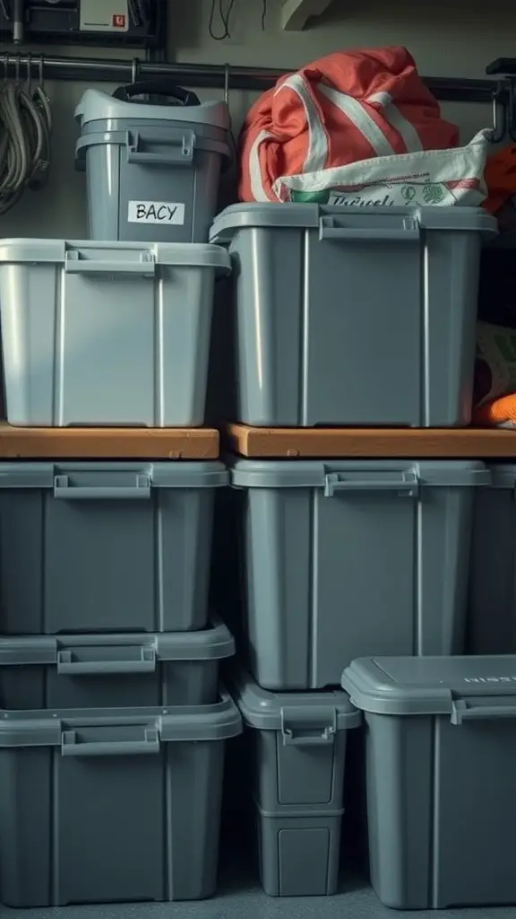 37+Genius Ideas for Garage Storage Organization 8 Stack of labeled gray storage bins in a garage