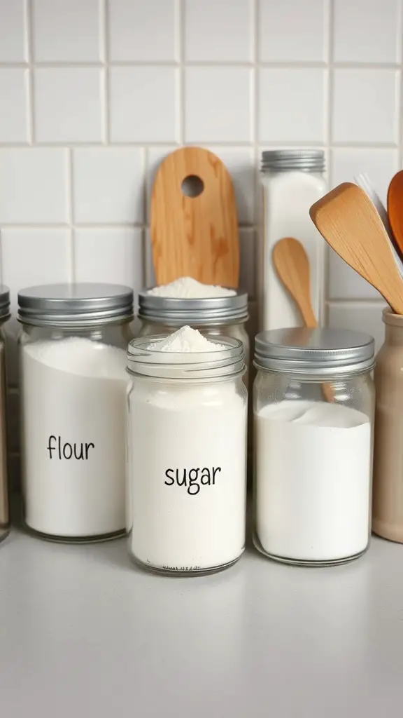 19 Affordable Dollar Tree Kitchen Organization Ideas You Need to Try 9 Clear labelled canisters filled with baking supplies like flour and sugar on a kitchen countertop.