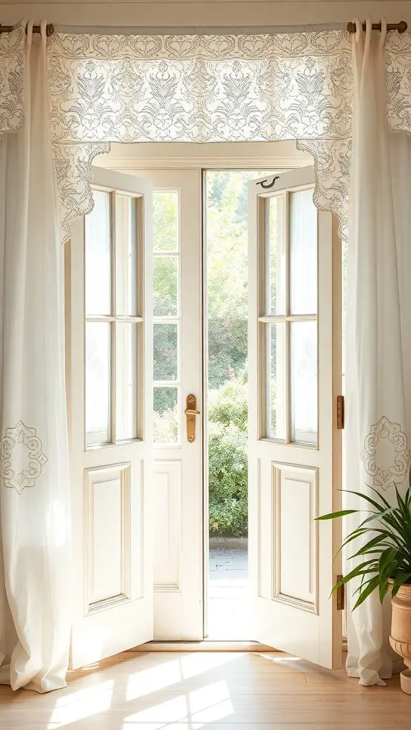 21 Creative French Door Privacy Ideas for Your Home 13 Open French doors with lace curtains, allowing natural light to enter a bright room.