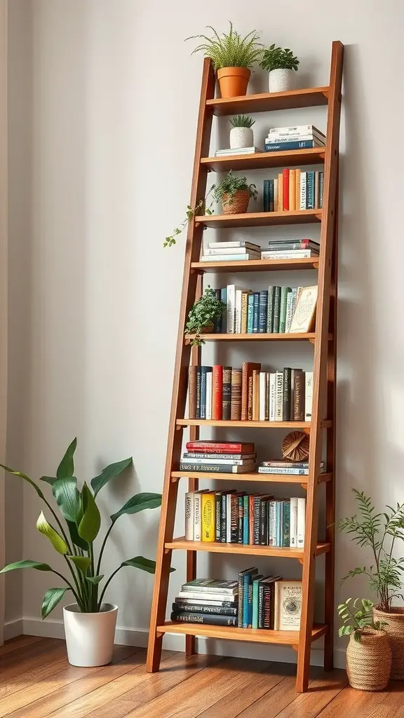 23 Creative Book Storage Ideas for Every Home 4 A wooden ladder bookcase filled with books and plants, leaning against a wall.