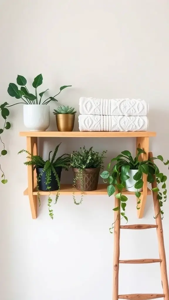 A wooden ladder shelf displaying white towels and potted plants.