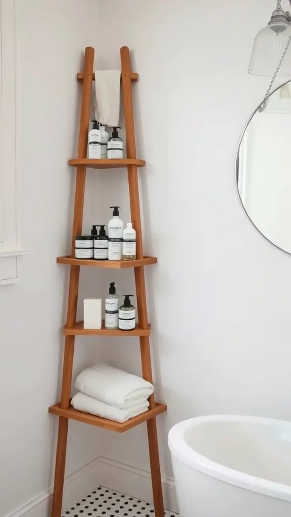 15+ Stylish Shower Storage Ideas to Maximize Space 12 A wooden ladder shelf in a bathroom corner displaying toiletries and towels.