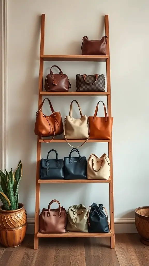 A wooden ladder shelf displaying various bags in different styles and colors.