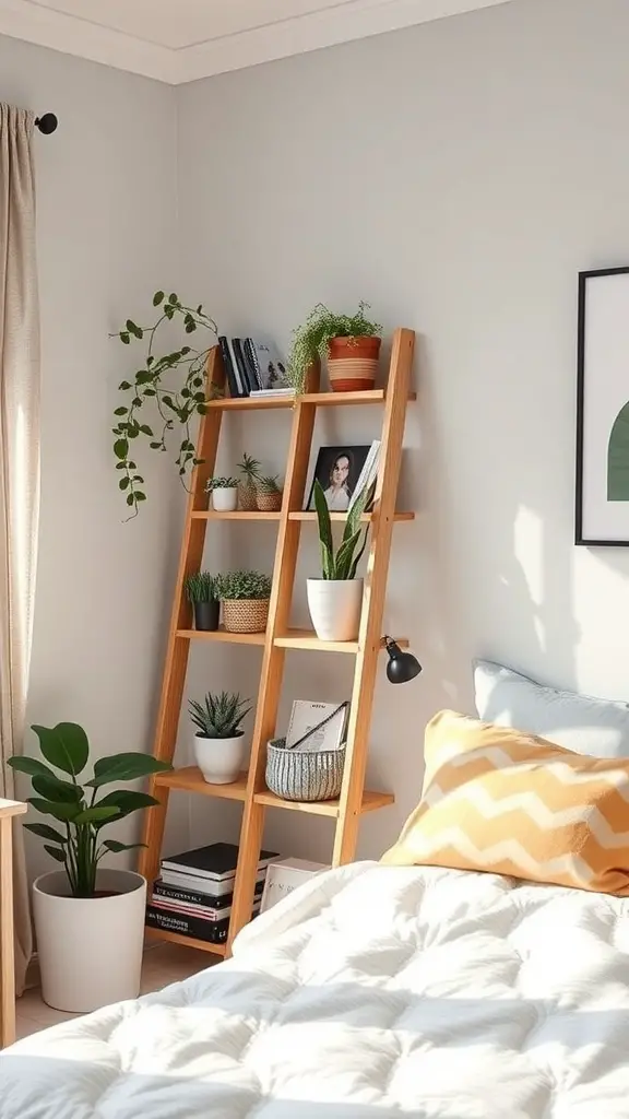15 Creative Bedroom Storage Ideas for a Clutter-Free Space 11 A wooden ladder shelf with plants and books in a bedroom setting.