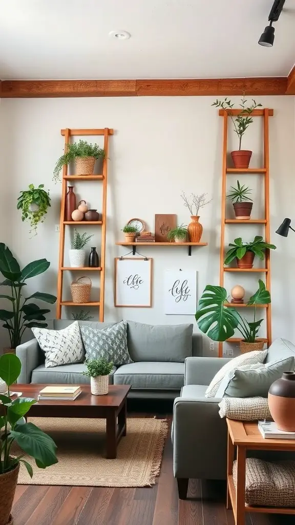 21 Creative Wall Storage Ideas to Maximize Your Space 15 A cozy living room featuring two wooden ladder shelves filled with plants and decorative items.