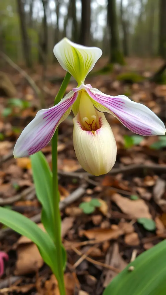 Close-up of a Lady's Slipper Orchid with yellow and pink petals in a forest setting.