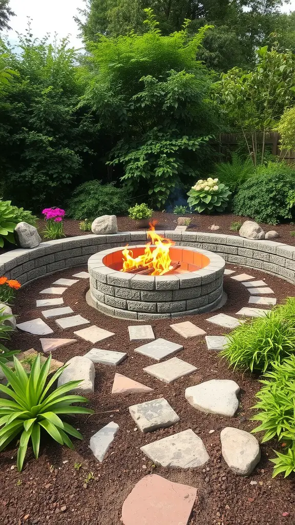 A landscaped area featuring a sunken fire pit surrounded by greenery and flowers.