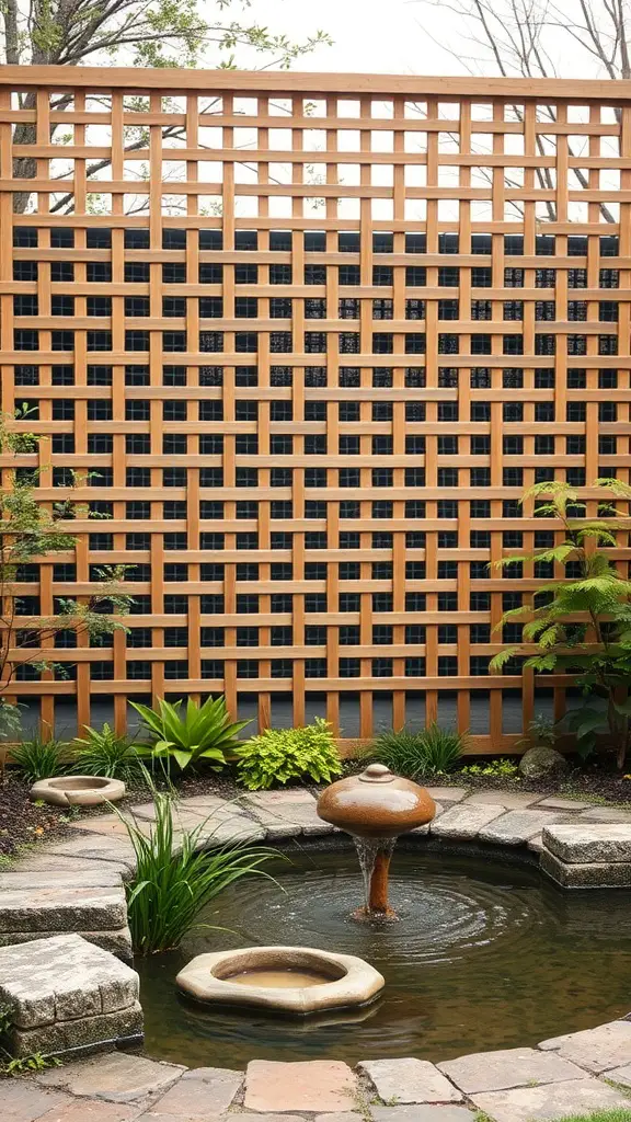 17 Creative Lattice Privacy Screen Ideas for Your Outdoor Space 15 A wooden lattice privacy screen with a water feature in front, surrounded by plants.