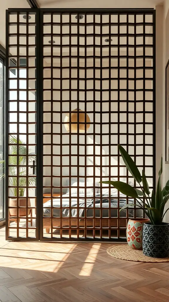 17 Creative Lattice Privacy Screen Ideas for Your Outdoor Space 14 A stylish lattice panel room divider separating a bedroom from a living area, featuring natural wood tones and plants.