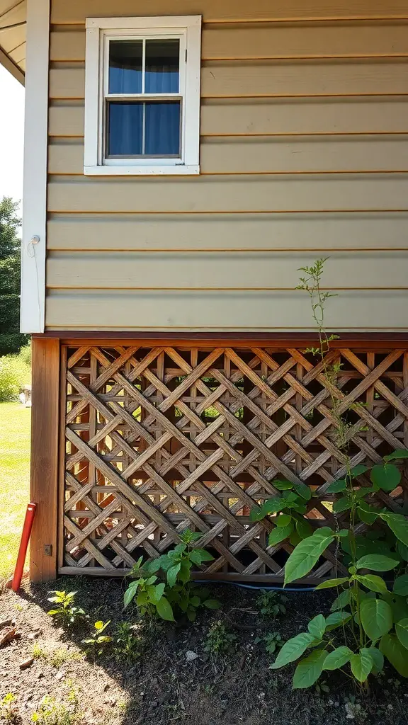 19 Creative House Skirting Ideas to Transform Your Home 17 A house with wooden lattice skirting for ventilation, showing a window above and greenery around.