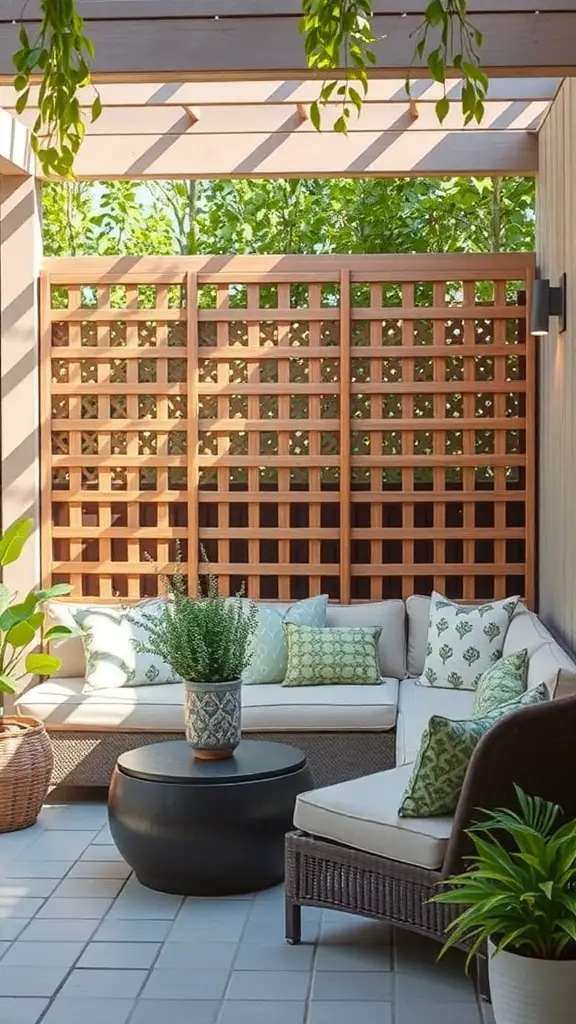 17 Creative Lattice Privacy Screen Ideas for Your Outdoor Space 13 Cozy outdoor seating area with a lattice privacy screen and decorative pillows.