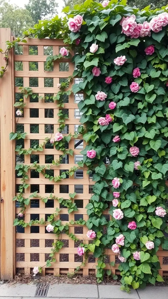 17 Creative Lattice Privacy Screen Ideas for Your Outdoor Space 10 Wooden lattice privacy screen with climbing pink flowers