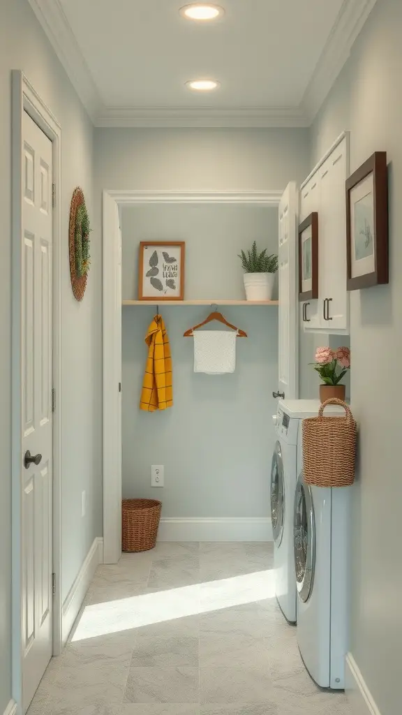 15+ Clever Hallway Laundry Closet Ideas for Small Spaces 13 A hallway laundry closet with light blue walls, white cabinetry, and a yellow checkered towel.