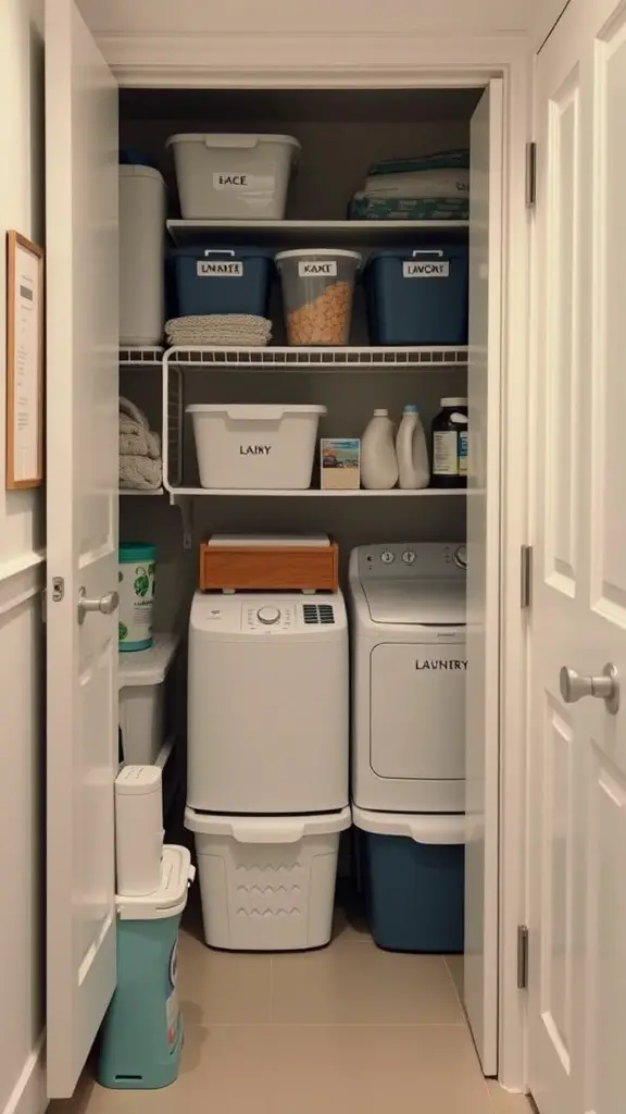 15+ Clever Hallway Laundry Closet Ideas for Small Spaces 9 Organized laundry closet with labeled bins and stacked items