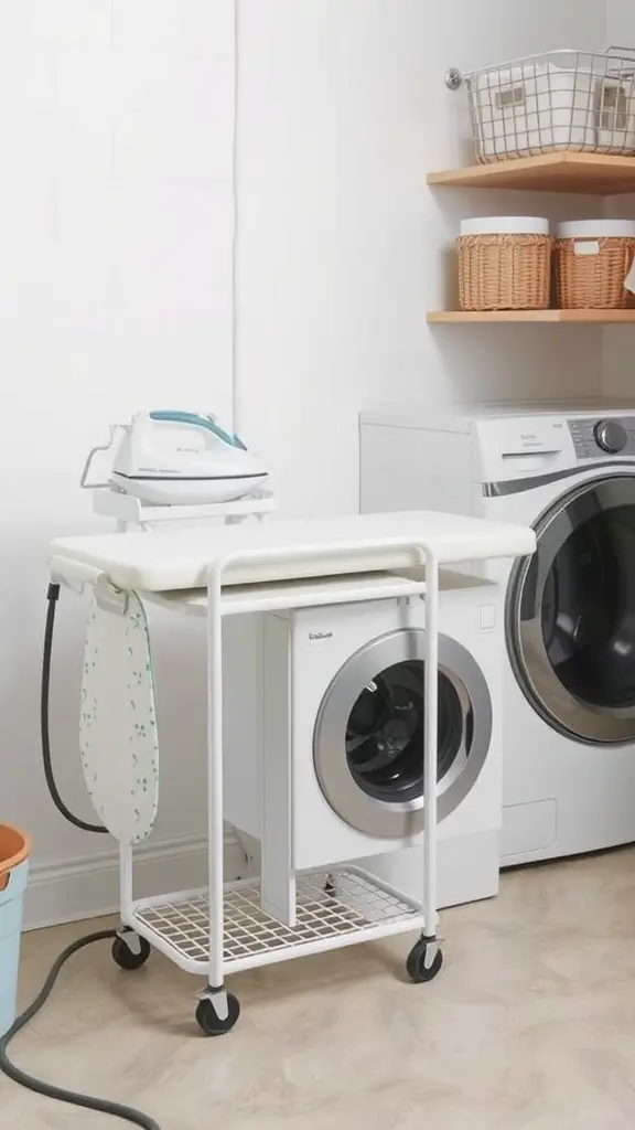 23 Creative Laundry Room Storage Ideas You Need to Try 17 A laundry cart with an ironing board next to a washing machine and dryer.