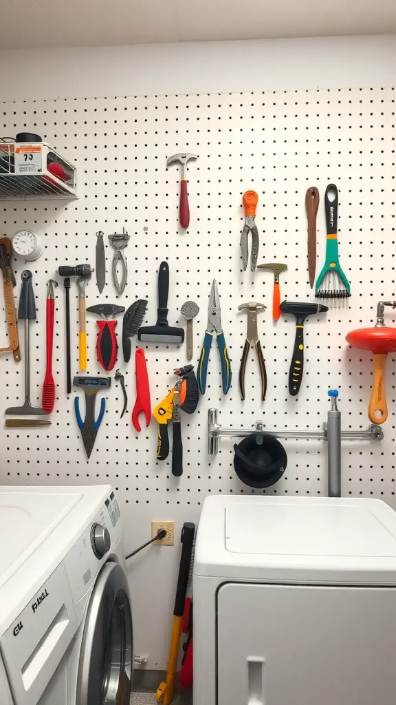 23+Creative Laundry Room Storage Ideas You Need to Try 12 A pegboard in a laundry room displaying various tools and accessories.