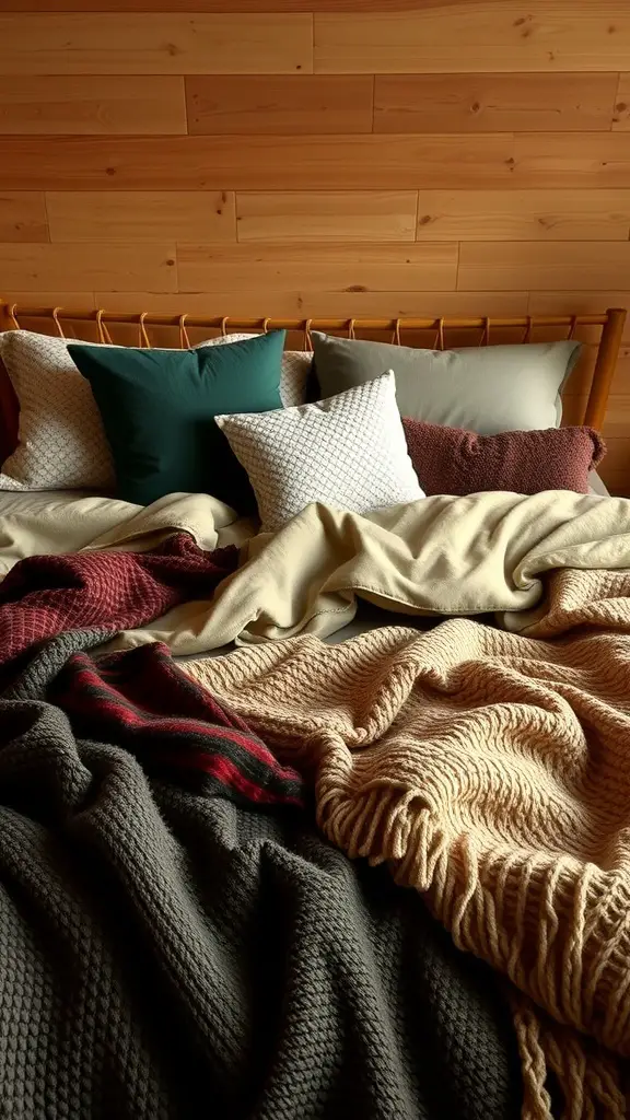 A cozy bed with layered textiles, featuring various pillows and blankets, set against a wooden wall.