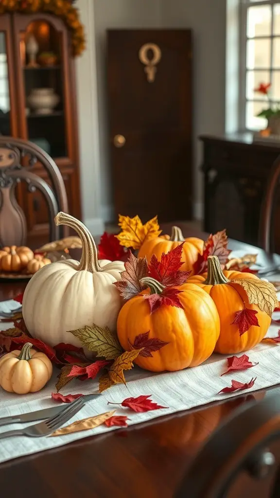 17 Creative Fall Leaves Decor Ideas for a Cozy Autumn Home 4 A table decorated with pumpkins and autumn leaves, showcasing a cozy fall centerpiece.