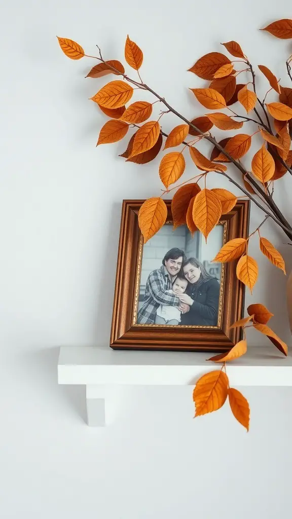 17 Creative Fall Leaves Decor Ideas for a Cozy Autumn Home 16 A picture frame decorated with orange leaves on a white shelf, featuring a family photo.