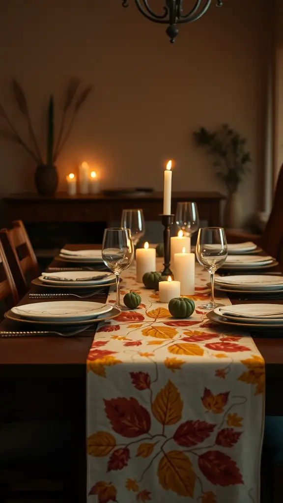17 Creative Fall Leaves Decor Ideas for a Cozy Autumn Home 9 A beautifully set dining table with a leaf-printed table runner, candles, and small pumpkins.