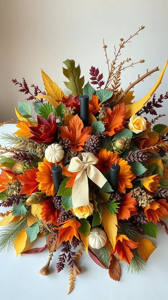 17 Creative Fall Leaves Decor Ideas for a Cozy Autumn Home 14 A vibrant Thanksgiving centerpiece featuring autumn leaves, black candles, small pumpkins, and a burlap bow.