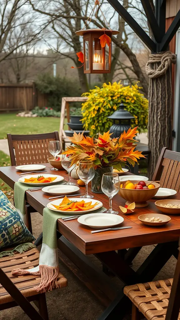 17 Creative Fall Leaves Decor Ideas for a Cozy Autumn Home 5 An outdoor table setting decorated with fall leaves, featuring a centerpiece of colorful leaves, white plates, and a lantern.