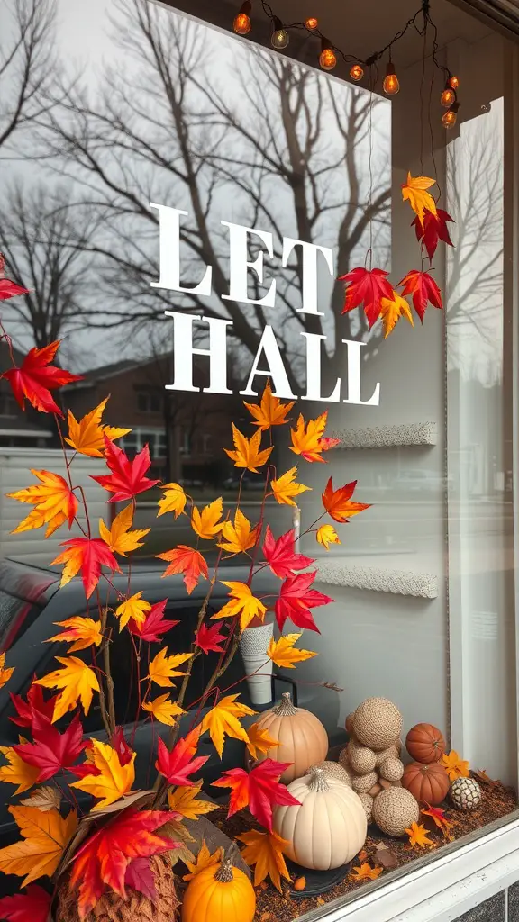 17 Creative Fall Leaves Decor Ideas for a Cozy Autumn Home 13 A window display featuring colorful fall leaves, pumpkins, and decorative elements.